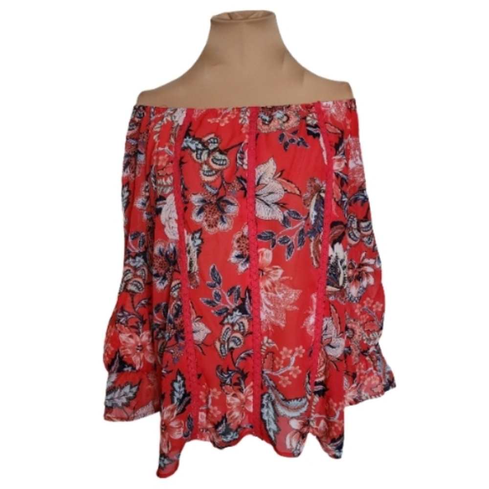 NWT Sara Michelle Off The Shoulder Chiffon Orange Floral‎ Blouse Women's Large